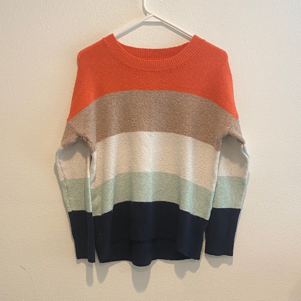 SO Women's Sweater with Orange, Tan, Cream, and Navy Stripes